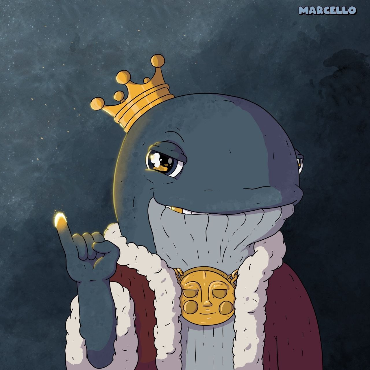 Midas Whale artwork by Marcello, showing the crowned whale king in a fur-trimmed burgundy robe with a glowing gold fingertip and gold moon medallion