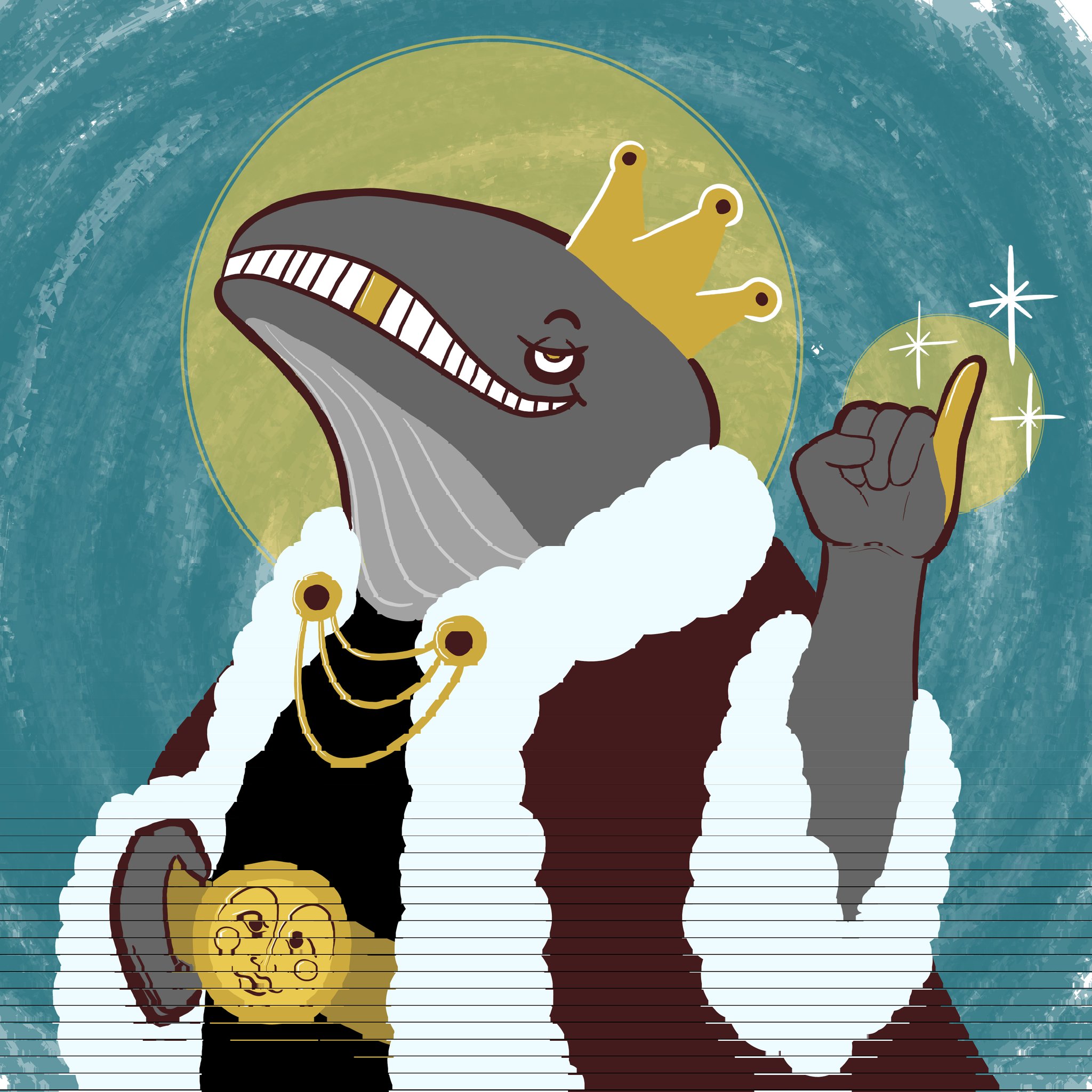 The OG — original Midas Whale artwork depicting the whale-blue onchain persona with gold crown accents