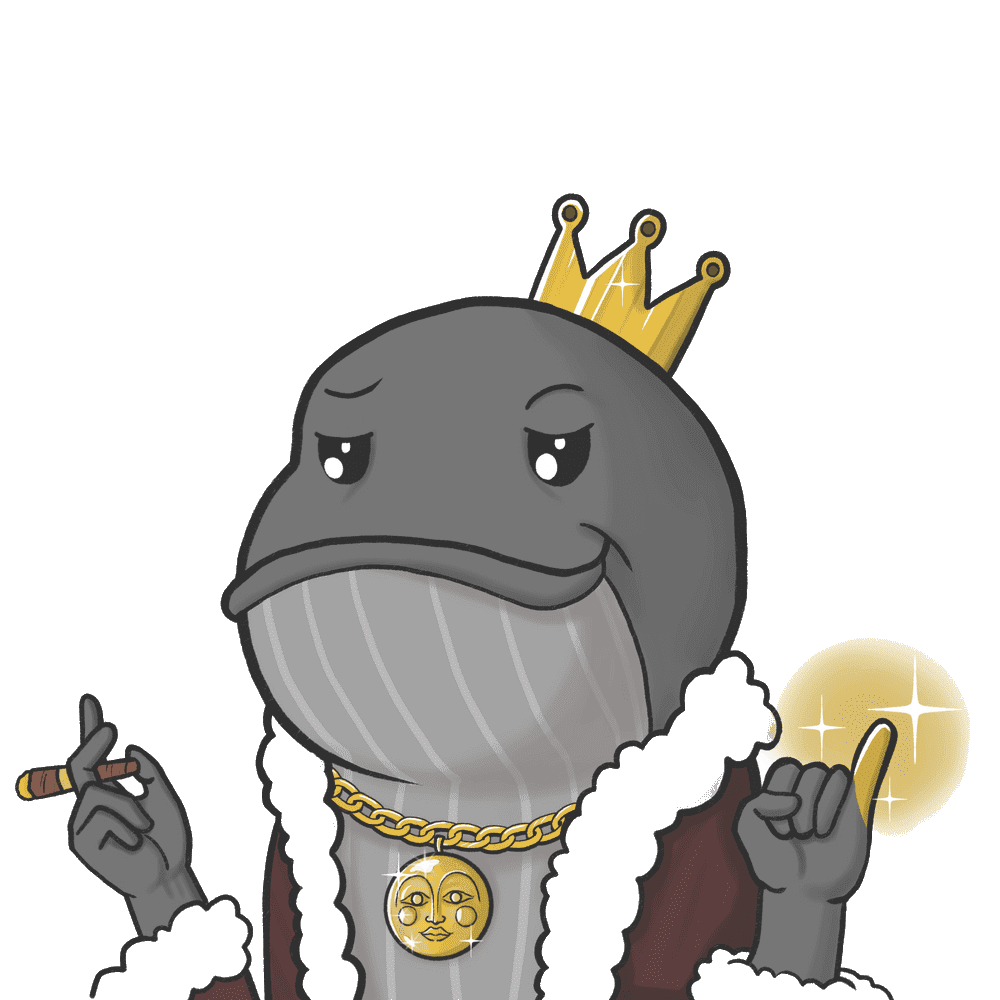 Midas Whale, a whale-blue crowned character with gold accents and a glowing right index finger